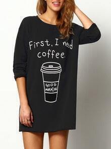 Black Round Neck Coffee Print Long T-Shirt