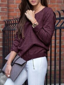 Burgundy Round Neck Loose T-Shirt