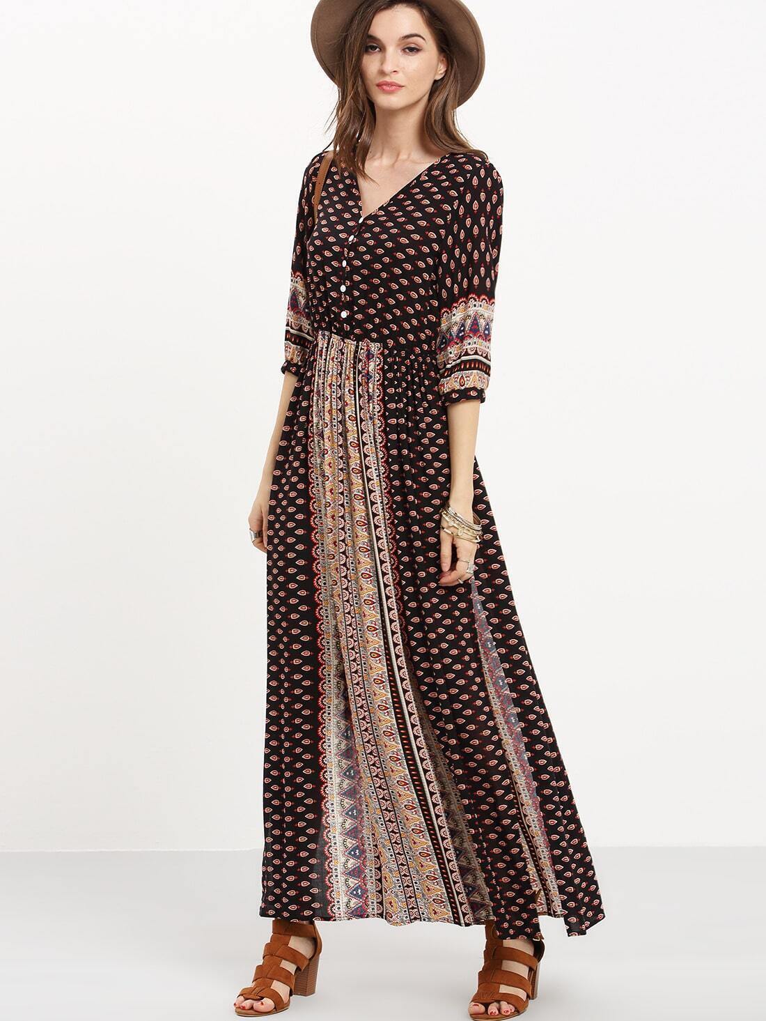 Black Half Sleeve Vintage Print Split Maxi Dress EmmaClothWomen Fast