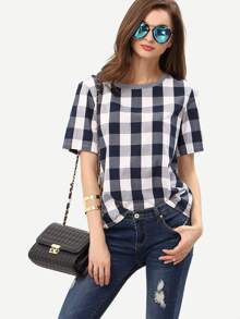 White Royal Blue Check Round Neck T-shirt