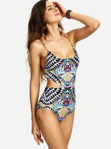 Tribal Print Cutout Lace-Up One-Piece Swimwear