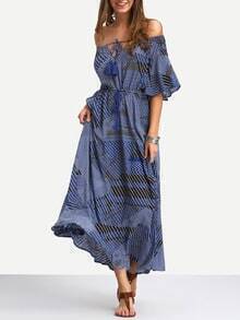 Navy Off The Shoulder Tie-waist Ruffle Hem Maxi Dress