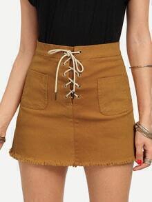 Lace-Up Fly Dual Pocket Raw Hem Skirt - Yellow