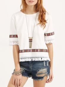 White Vintage Embroidered Fringe Half Sleeve Blouse