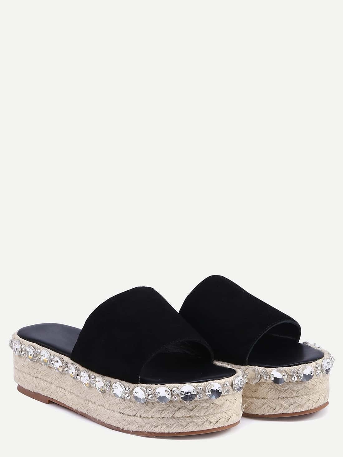 Black Peep Toe Rhinestone Thicksoled Espadrille Slippers EmmaClothWomen Fast Fashion Online