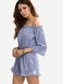 Blue Striped Off The Shoulder Ruffle Jumpsuit