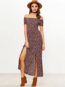 Shirred Off-The-Shoulder Slit-Front Floral Dress - Burgundy