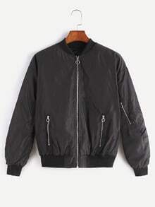 Black Zip Up Bomber Jacket With Arm Pocket