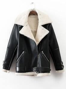 Black Lapel Oblique Zipper Faux Shearling Coat With Belt
