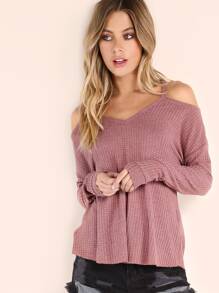 Pink Waffle Knit Cold Shoulder T-shirt
