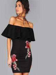 Black Embroidered Rose Applique Off The Shoulder Ruffle Dress