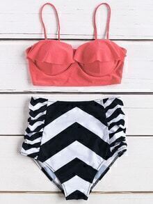 Chevron Print Ruffle Design High Waist Bikini Set