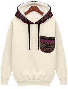 White Hooded Long Sleeve Patterned Pocket Sweatshirt