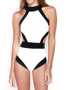 White Halter Contrast Trims Hollow Swimwear