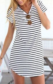 Black White V Neck Striped Slim Dress