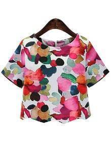 White Round Neck Ikat Neat Awesome Floral Crop Blouse