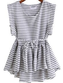 Black White Round Neck Style Striped Dip Hem Top