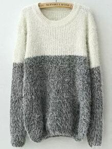 White Grey Round Neck Shaggy Knit Sweater