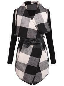 Black White Long Sleeve Plaid Belt Coat