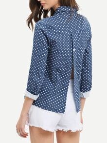 Blue Lapel Hearts Print Split Back Blouse