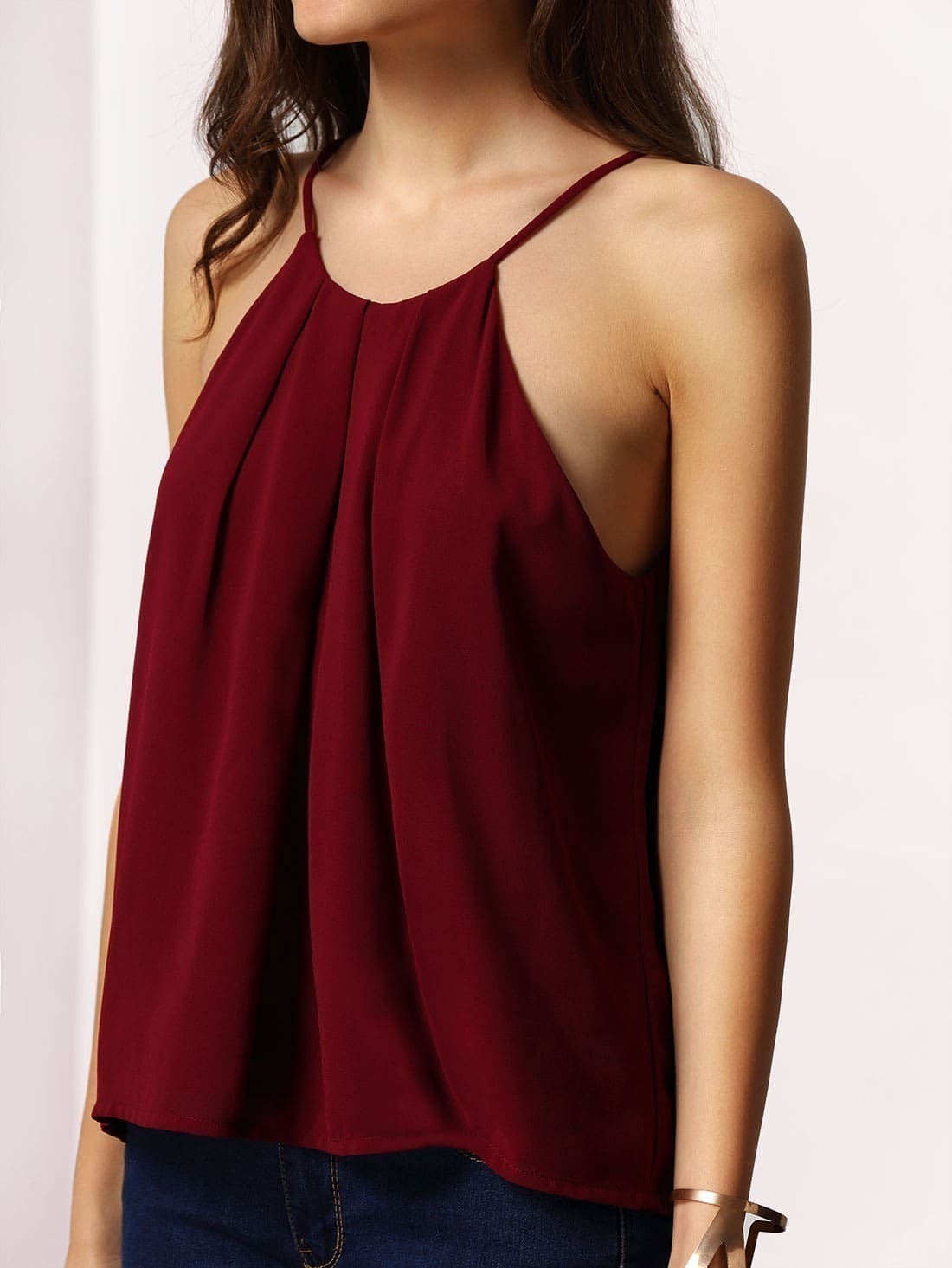 Burgundy Spaghetti Strap Laceup Cami Top EmmaClothWomen Fast Fashion