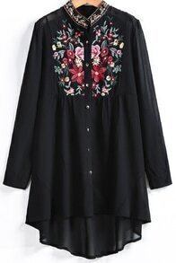 Black Long Sleeve Embroidered Dipped Hem Blouse