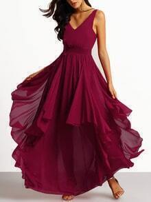 Burgundy Deep V Neck Maxi Chiffon Dress