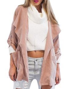 Pink Hooded Drawstring Pockets Coat