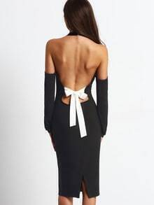 Black Open Shoulder Backless Bow Halter Dress