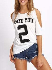 White Open Shoulder Letters Print T-shirt