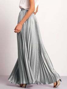 Silver Zipper Side Pleated Flare Maxi Skirt