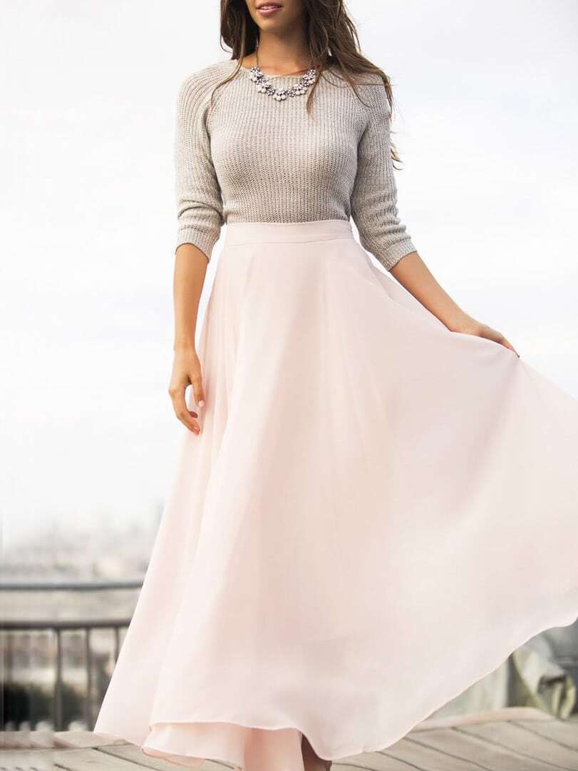 Pink Chiffon Flare Long Skirt EmmaClothWomen Fast Fashion Online