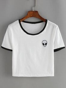 White Contrast Alien Print Crop T-Shirt