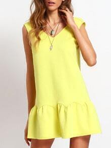 Yellow Ruffle V Neck Backless Drop Waist Dress