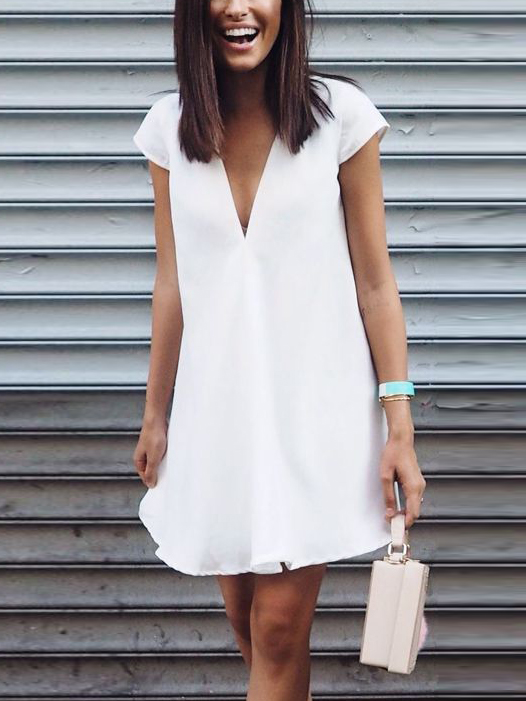Deep V-Neck White Dress