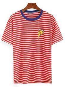 Contrast Neck Pizza Print Striped T-shirt