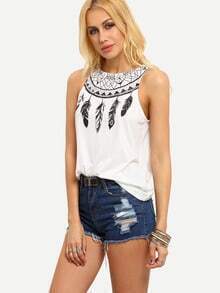 White Feather Print Tank Top