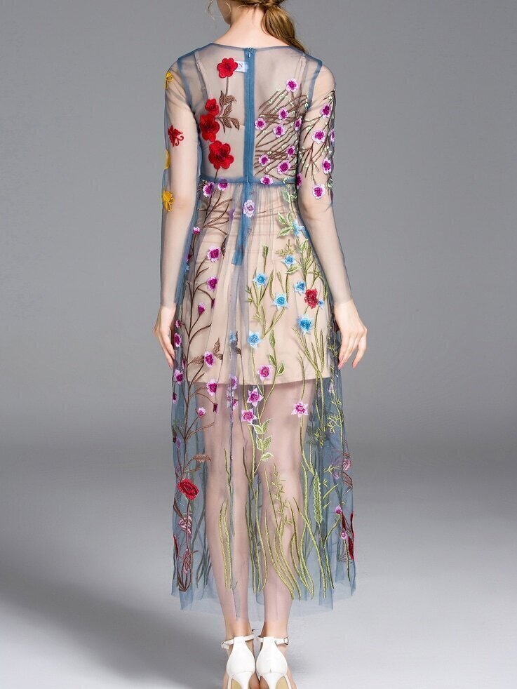 Blue Sheer Gauze Embroidered Maxi Dress EmmaClothWomen Fast Fashion Online