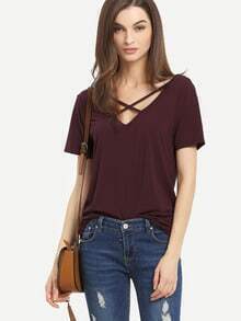Burgundy Criss Cross Front Casual T-shirt