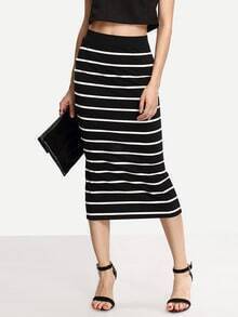 Black White Stripe Split Midi Skirt