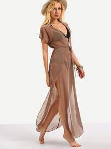 Brown Drawstring Waist V Neck Split Dress