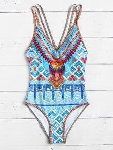 Crisscross Tribal Print One-Piece Swimwear - Light Blue