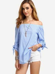 Blue Striped Off The Shoulder Tie Cuff Blouse