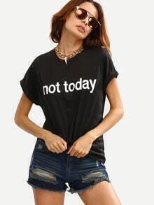Black Crew Neck Letters Print Cuffed Sleeve T-shirt
