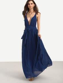 Navy V Neck Tie Waist Sleeveless Maxi Dress