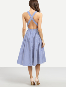 Blue Striped Sleeveless Criss Cross Back Dress