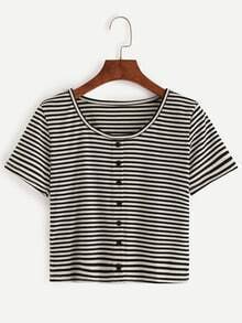 Black White Striped T-shirt With Buttons