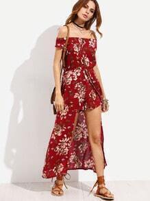 Burgundy Flower Print Off The Shoulder High Low Romper