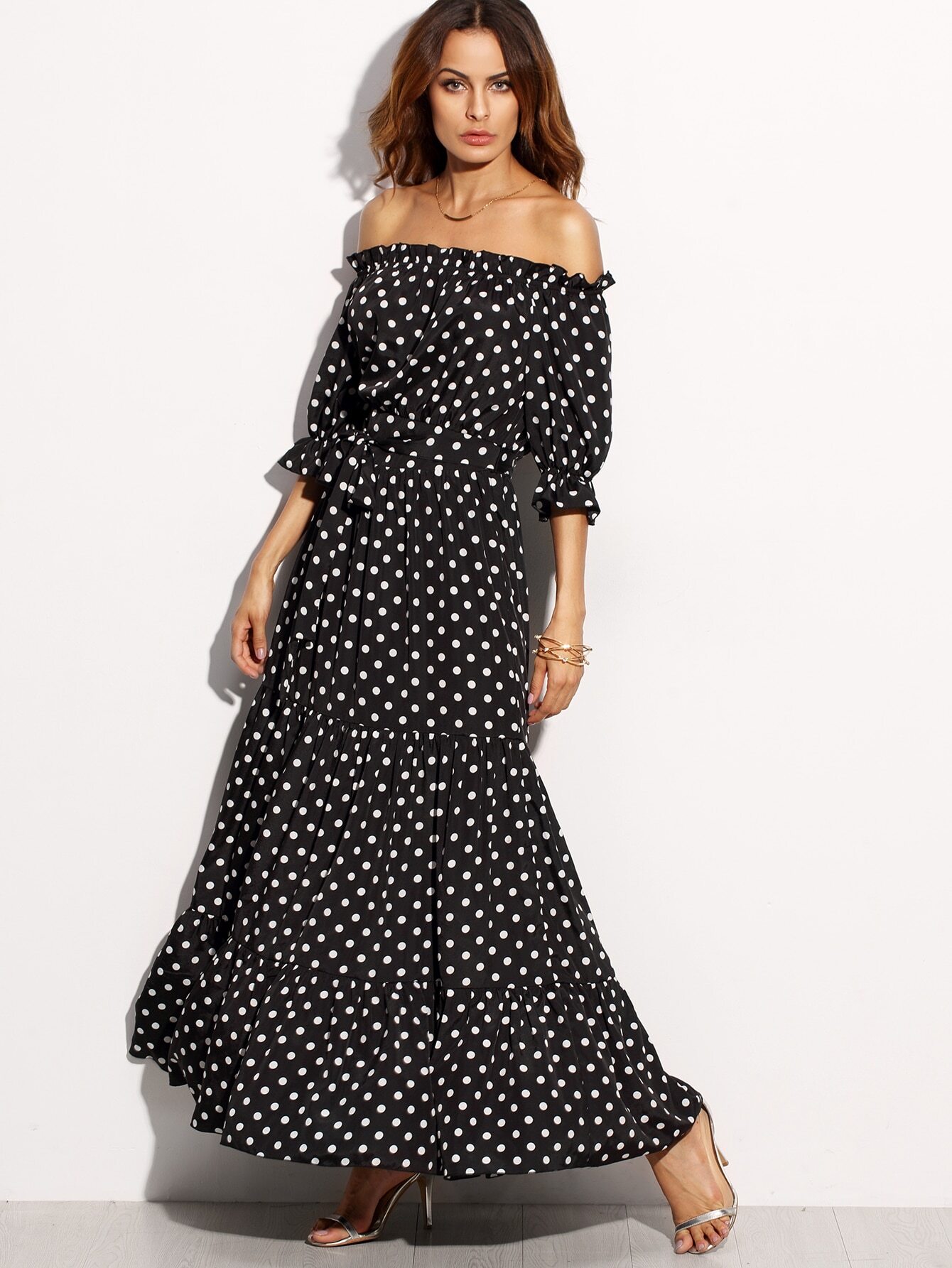 Polka Dot Off The Shoulder Tie Waist Maxi Dress EmmaClothWomen Fast