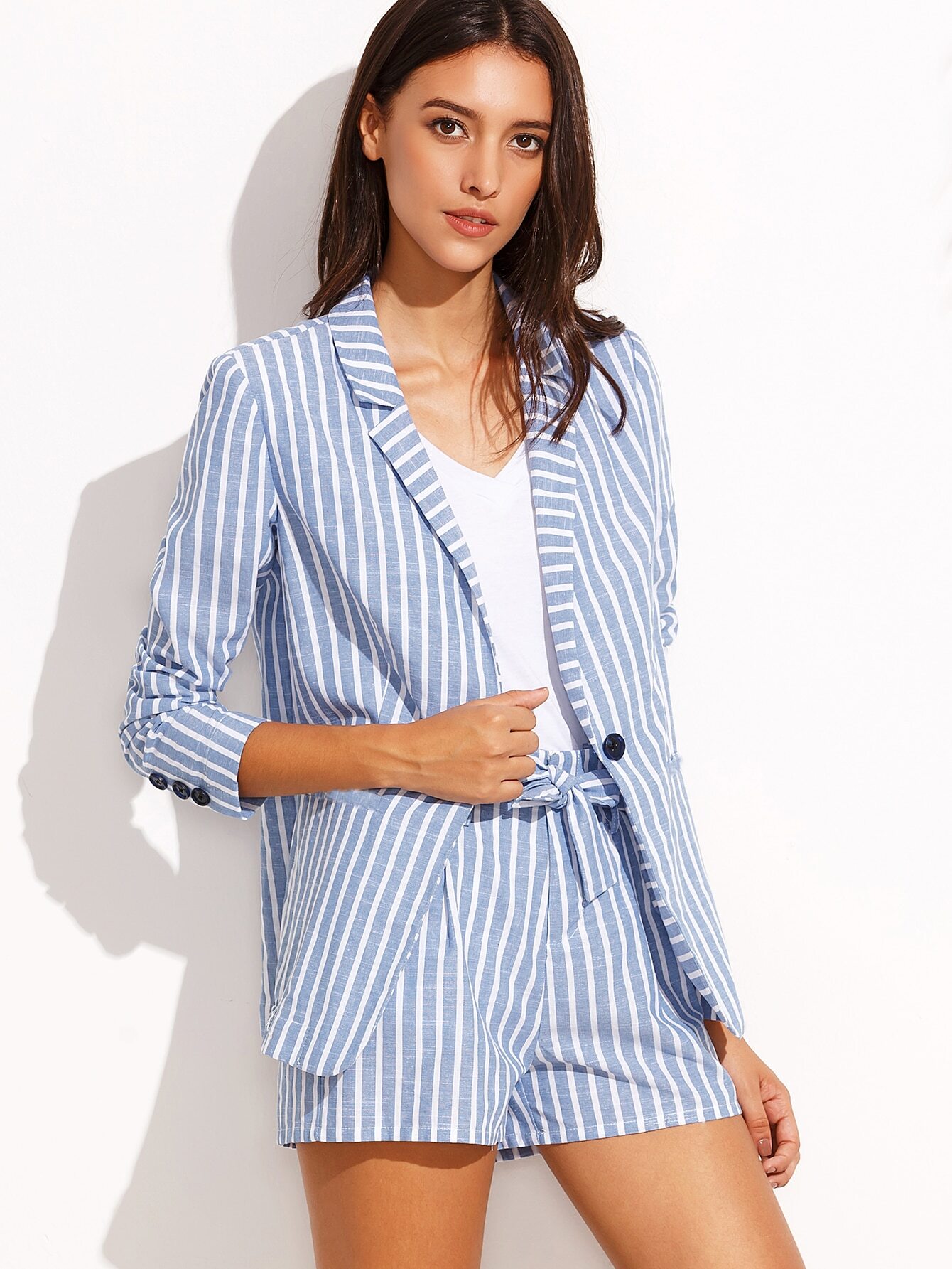 Blue Striped Lapel Blazer with Tie Waist Shorts EmmaClothWomen Fast